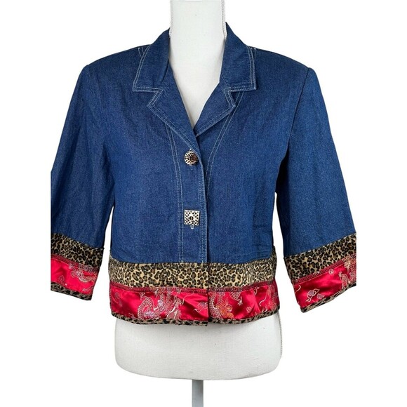 Vtg Nina Piccalino Sz 6 Boho Denim Crop Jacket Leopard Oriental 3/4 Sleeve USA - Picture 1 of 8